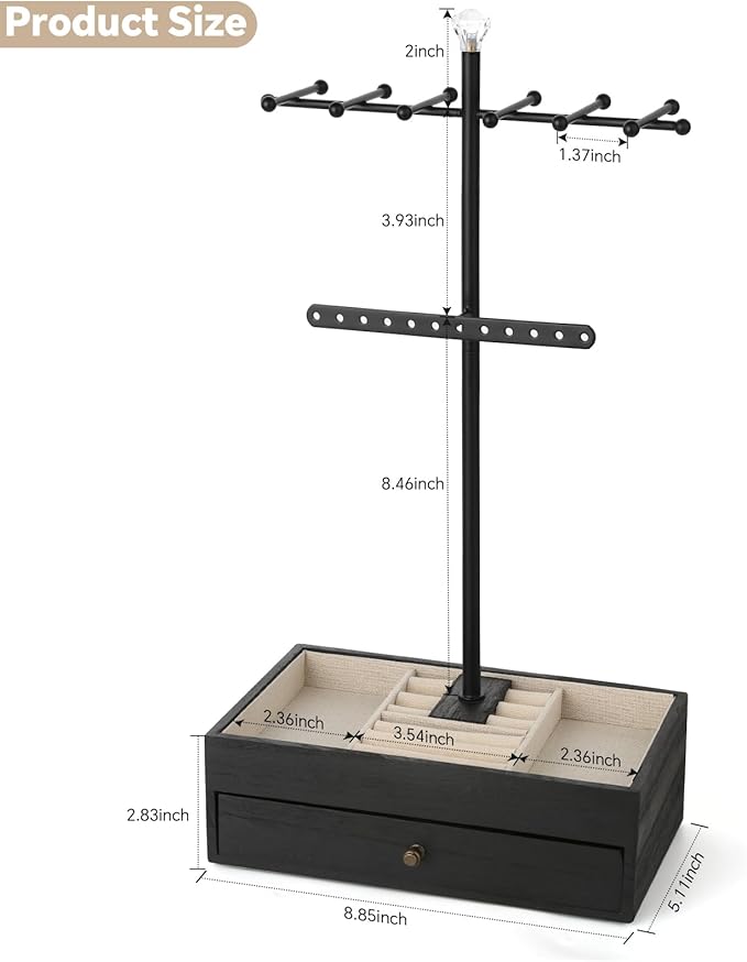 Meangood Jewelry Organizer Stand, 3-Tier Necklace Holder Jewelry Tree with Wooden Storage Drawer Box for Necklace Bracelet Earring Ring,Black