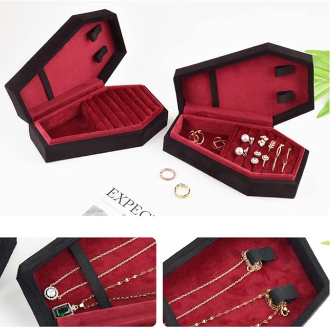Velvet Coffin Jewelry Travel Case Holder for Gothic Wedding Ceremony Jewelry Organizer Decoration (Black and Red)