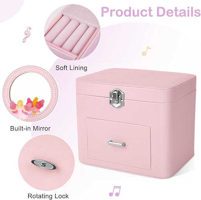 Basumee Musical Jewelry Box for Girls PU Leather Music Box with Drawer Large Kids Jewelry Organizer with Unicorn/Ballerina Jewelry Storage for Little Girls Ages 3–10, Birthday & Holiday Present