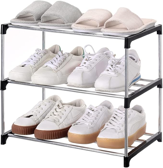 Jucaifu Stackable Small Shoe Rack, Entryway, Hallway and Closet Space Saving Storage and Organization (3-Tier, Black)