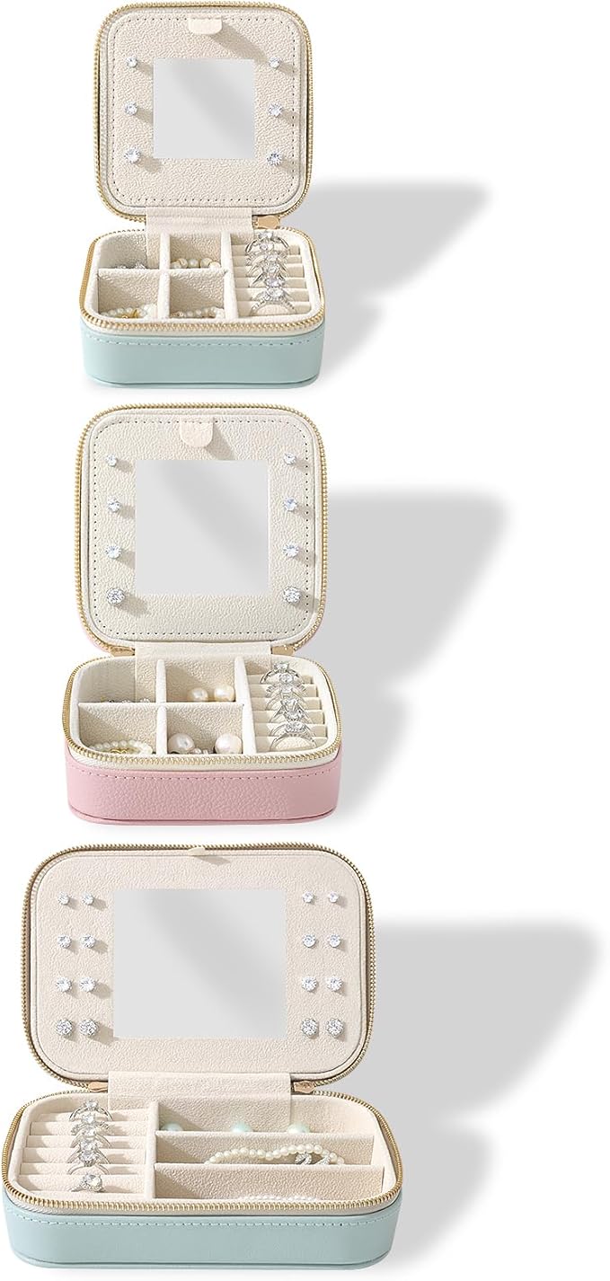Genuine Leather Travel Jewelry Organizer Case with Mirror for Women, Small Mini Portable Jewelry Box for Ring Earrings Necklace Bracelet Luxury Gift for Women（Mint Green）