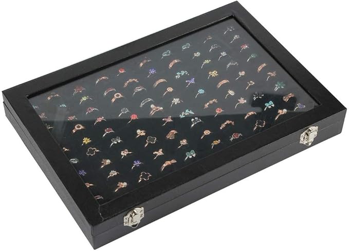 Siveit Ring Display Case Organizer Box with Transparent Lid, Ring Holder Showcase For Store Display Jewelry Show Home, Ring Organizer For Jewelry Rings, Studs Earrings (100 Slot, Black)
