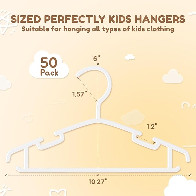 VILICK Kids Plastic Hangers, Baby Clothes Hangers for Closet 100 Packs Non-Slip Toddler Hangers for Infant Child Clothing, Small Children, for Pants Coats Skirts (White)