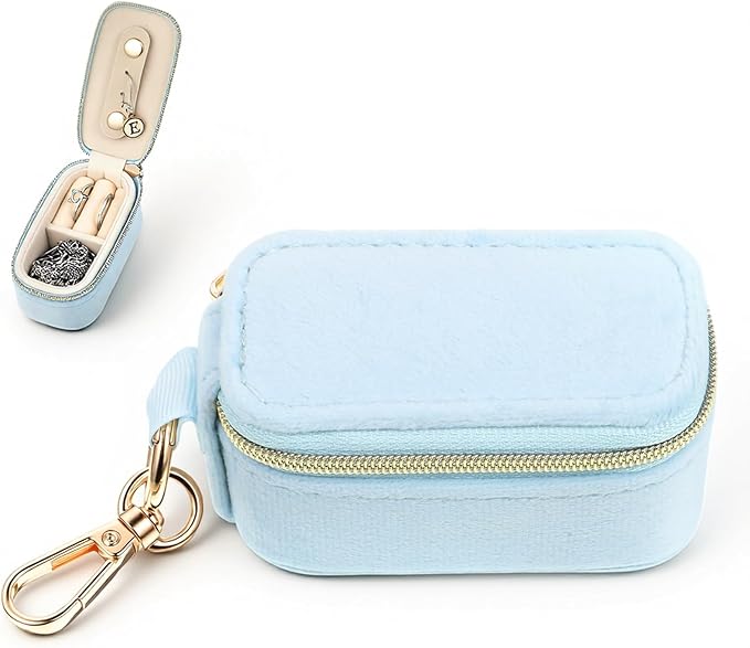 Travel Jewelry Case Velvet Travel Jewelry Box with Keychain 2-in-1 Ring Holder Keychain Small Jewelrys Organizer Case for Women, Portable Mini Storage Clutch for Earrings, Necklaces