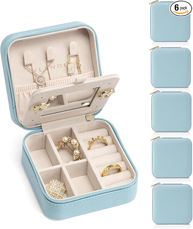 VLANDO Travel Jewelry Box, Small Jewelry Travel Organizer Case for Girls Women - Blue Mirror*6 pack