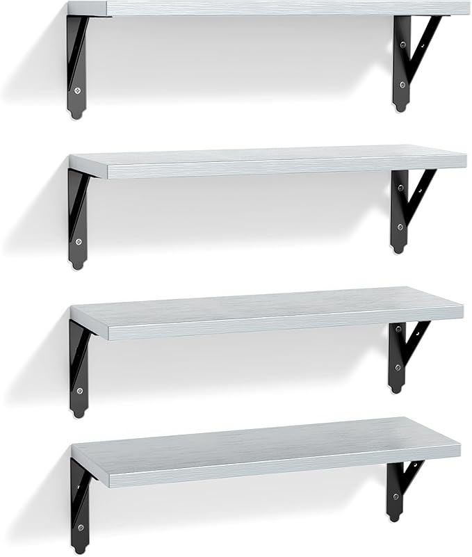 ROMGUAR CRAFT Wood Floating Shelves Set of 4, Rustic Storage Decor Wall Shelves, Wall Mounted Shelf for Living Room, Bedroom 17" x 6", Light Grey