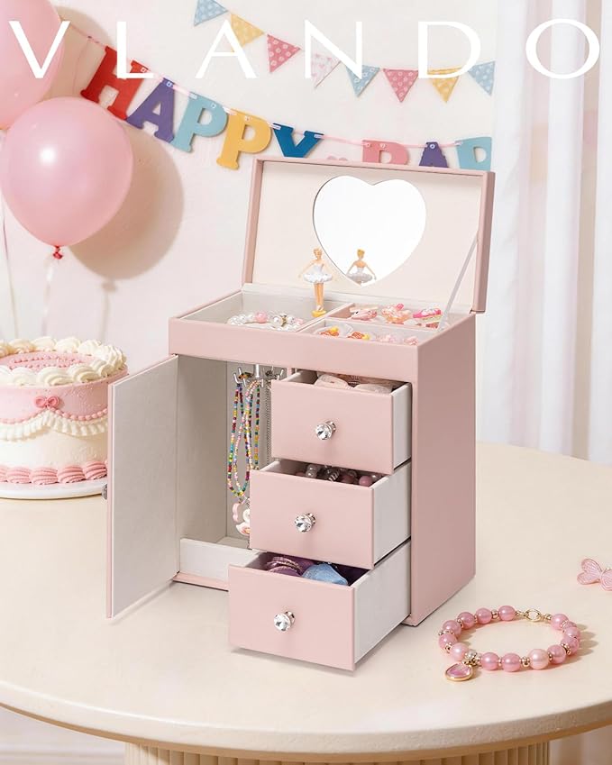 VLANDO Musical Jewelry Box for Girls, Large Kid Music Box with Ballerina for Birthday Bedroom Decor, 4 Layer Girl Jewelry Gifts for Girls Kids - Pink