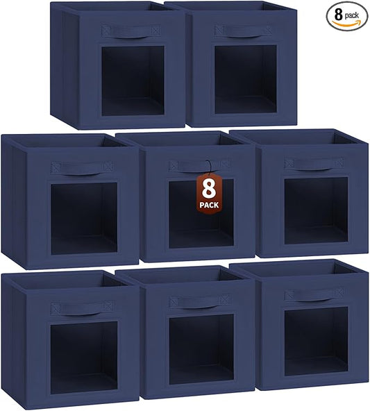 Homsorout Storage Cube 11 Inch - Cube Storage Bins with Window, Closet Storage Baskets with Handle, Fabric Bins for Closet, Shelves, Toys, Clothes, Set of 8, Navy Blue