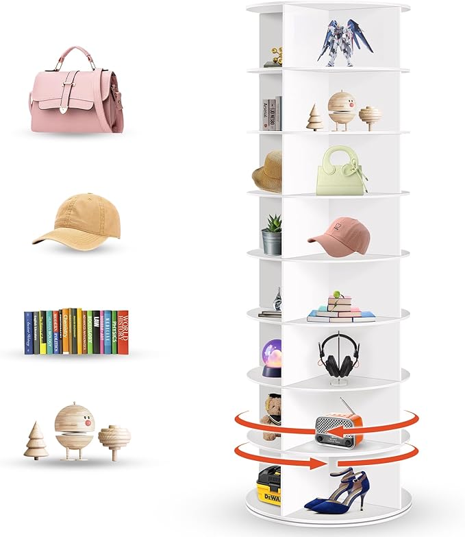 8 Tier Rotating Shoe Rack Tower, Spinning Shoe Organizer Rotating Shelf, Space-Saving 360° Revolving Shoe Rack Storage Round Carousel for Entryway, Closet & Bedroom (Shoe Rack 01)