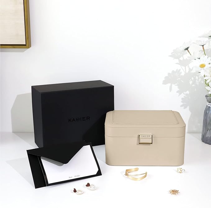 KAMIER Jewelry Organizer,2 Layer Jewelry Organizer Box for Earrings Bracelets Rings Necklaces,Luxury Leather & Soft Velvet Lined,Gift Box Packaging,Beige