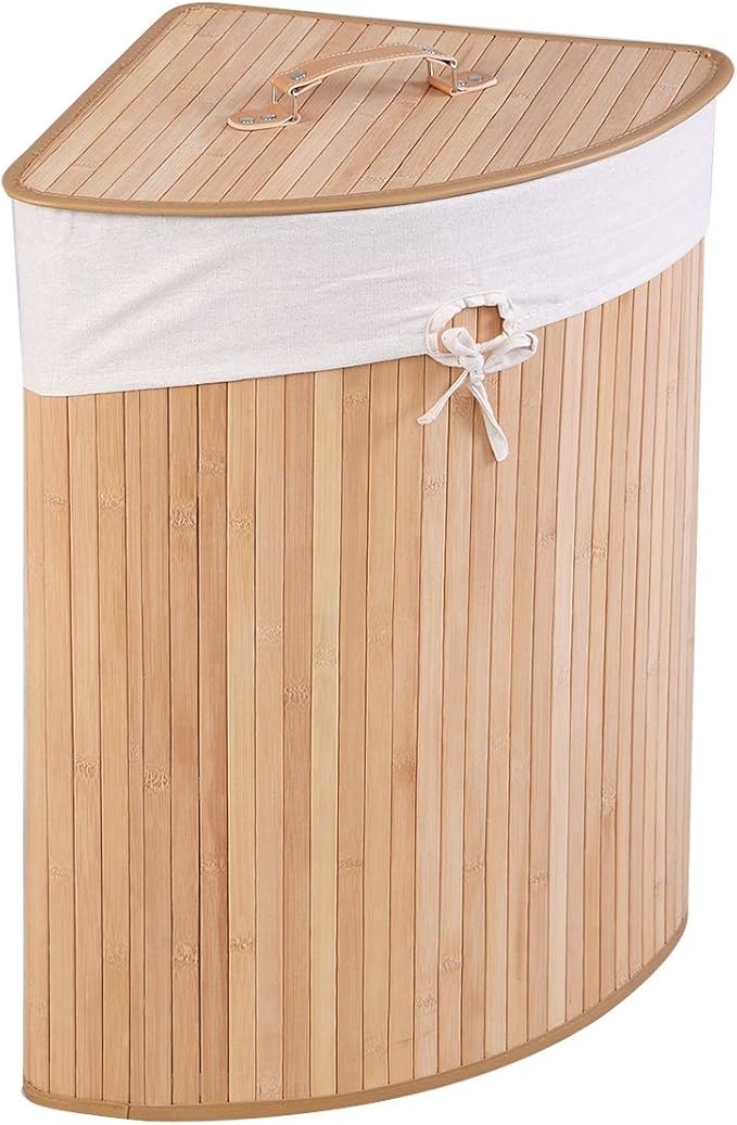 GOFLAME Corner Bamboo Laundry Hamper with Lid and Removable Liner, Washing Clothes Basket Storage Bin with Handle, Suitable for Bedroom, Bathroom, Laundry (Natural)
