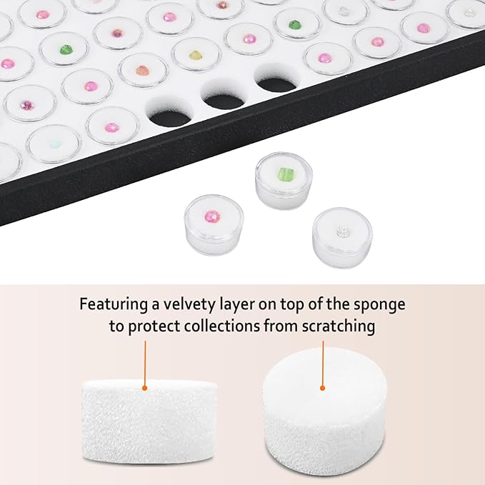 Ikee Design White Foam Gem Jars Showcase Stackable Display Tray for Collectibles, Home Organization Storage Box with 50 Gemstones and Bead Storage Jars, White Foam/Black Tray