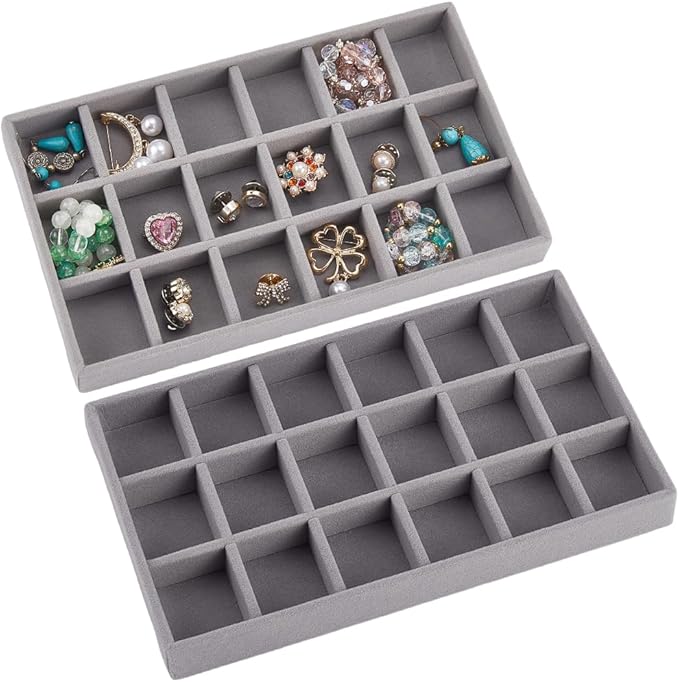 2Pcs 5 x 8.3 Inch 18 Grid Jewelry Tray Drawer Insert Velvet Earring Organizer Display Case Storage with Removable Divider Container Box for Rings Watch Necklace Trinket Holder Showcase Gray