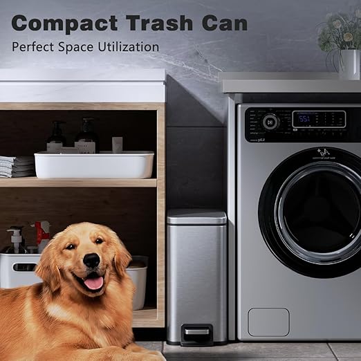 Slim Bathroom Trash Can with Lid Soft Close, 1.6 Gallon Stainless Steel Garbage Can with Removable Inner Bucket, Durable Step Pedal, Small Trash Bins for Toilet, Bedroom, Kitchen, Office