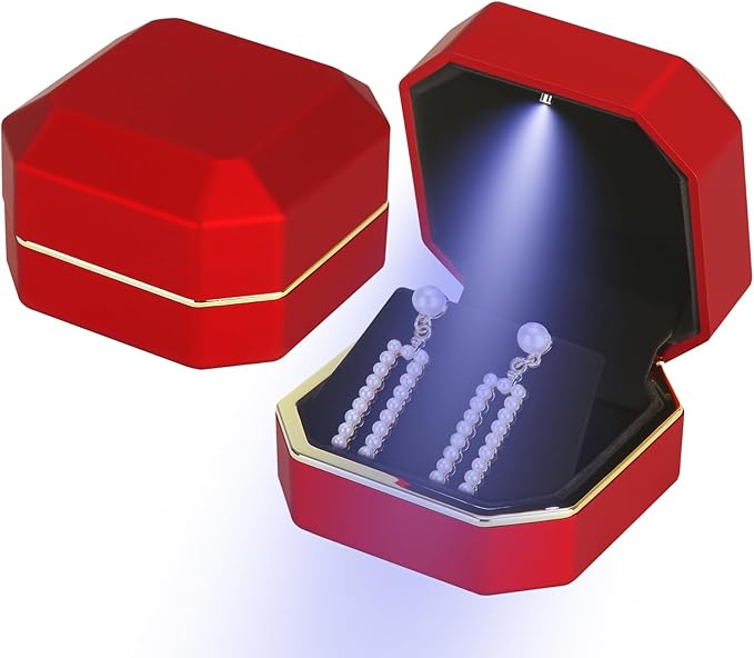 Luxury LED Jewelry Earring Pendant Stud Box, Velvet Earring Necklace Gift Box Storage Case Organizer Holder for Proposal Engagement Wedding Anniversary Birthday Ceremony (Red)