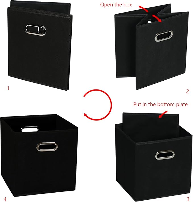 Yunkeeeper storage bins Cubes, Fabric Cube Organizer with Handle, Foldable Cube Bins for Cloth or Accessary Storage, 11x11x11, Set of 6, (black)