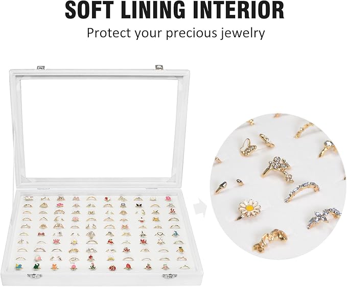 Vicoter Rings Organizer Tray 100 Slot Velvet Ring Earring Storage Box TranSparent Cover Jewelry Store Ring Display Box Jewelry Display Cabinet for Girl Wife Mother