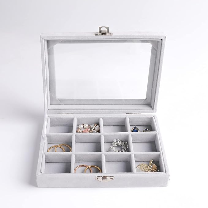 Frebeauty Jewelry Organizer Tray with Clear Lid, 12 Grid Velvet Drawer Insert Storage Box with Transparent Lid Display Case Gift for Women (Grey, 12 Grid)