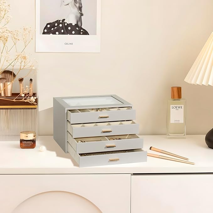Jewelry Box with Glass Lid, 4-Layer Jewelry Organizer for Women Girls, PU Leather Display Case with 20-Grid Earring Tray & Movable Dividers for Necklaces Rings,Grey