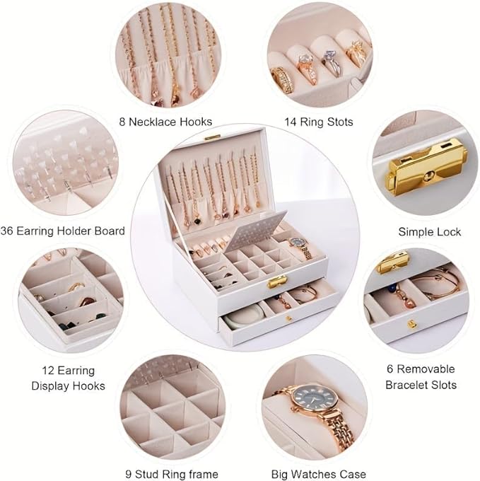 GUOER Jewelry Box for Women Girl Wife - Large PU Leather Jewelry Organizer Storage Case with Two Layers Display for Earrings Bracelets Rings Watches Mother's Day (White)