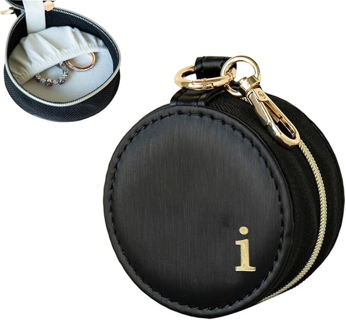 COLLECTIVE HOME - Monogrammed Letter Jewelry Case, Portable Travel Ring Holder Box with Keychain, Personalized Initial Organizer for Earrings Necklaces, Gift for Her (Black-i)