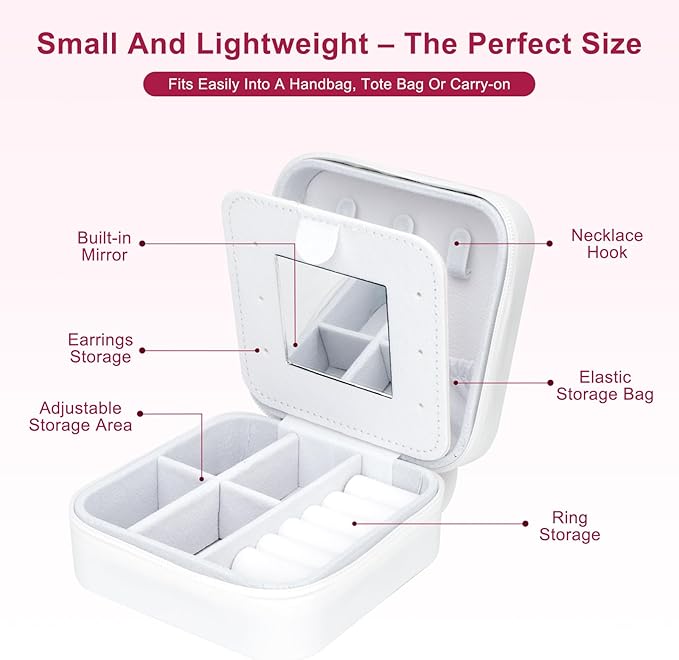 Cute Bunny Travel Jewelry Case with Mirror, Silicone Portable Small Mini Jewelry Organizer Box for Women Girls Mom, Wedding, Birthday Gift - White