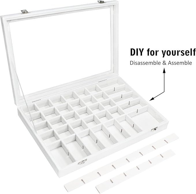 Siveit Velvet Jewelry Tray 48 Grid Jewelry Display Tray Organizer Box with Transparent Lid Rings Earrings Necklaces Pendants Display Box Suitable for Women and Girls (Ivory)