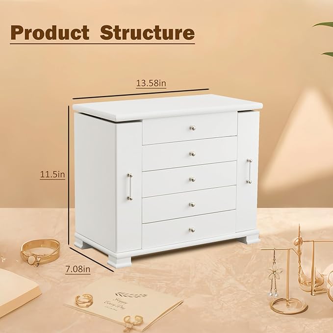 White 5 Layer Huge Jewelry Box,Top With Mirror Wooden Jewelry Organizer Box,With 8 Hook And Velvet Lining Antique Jewelry Box For Women,For Watch Necklace Ring Earring Storage Gifts