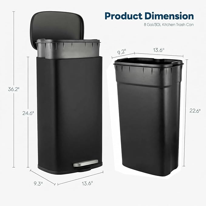 8 Gal Kitchen Trash Can, 30L Recycling or Garbage Bin, Brushed Stainless Steel Waste Basket, Soft&Quiet Close Dustbin, with Step-On Pedal, Removable Inner Bucket, for Home, Office, Living Room