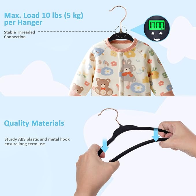 Tonswachic Velvet Baby Hangers 30 Pack - 11 Inch Premium Felt Non Slip Kids Hanger for Infant Toddler Clothes - 0.2" Ultra Thin Baby Clothes Hangers for Children's Closet with 10 Hanger Clips - Black