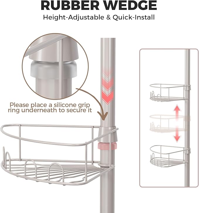 Urackify Corner Shower Caddy Tension Pole, 4 Tier Adjustable Bathroom Organizer Shelves, Shower Storage With Hidden Hook & Towel Holder,63.7-119 Inch No-Drill Quick Installation Shower Rack,Sliver