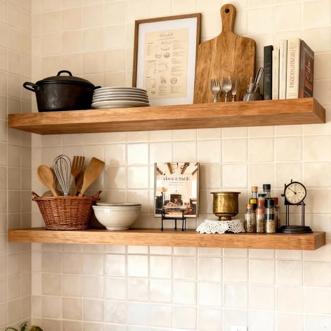 ROGMARS 36 Inches Long Walnut Floating Shelves,Rustic Solid Wood Farmhouse Wall Shelves with Invisible Brackets for Bathroom, Living Room, Bedroom, Kitchen Set of 2