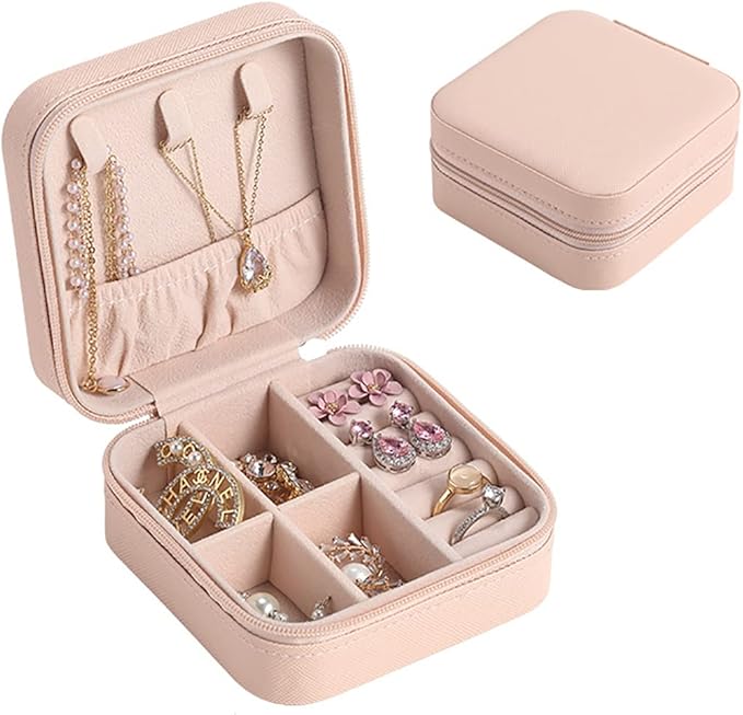 Mini Jewelry Travel Case,Small Travel Jewelry Organizer,Travel Portable Jewelry Case for Ring, Pendant, Earring, Necklace, Bracelet Organizer Storage Holder Boxes (Pink)