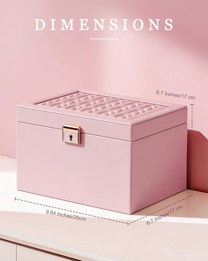 DesignSter Jewelry Box for Women Girl, 3-layer Lockable Jewelry Organizer with Mirror, Large Leather Jewelry Case for Earring Necklace Ring Bracelet Watch