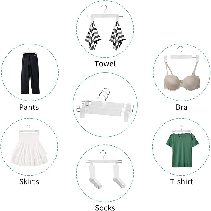 10 Pack Skirt Hangers，Pants Hangers with Clips，360 ° Swivel Hooks Space Saving Hangersfor Pants, Skirts, Clothes, Jeans，Translucent