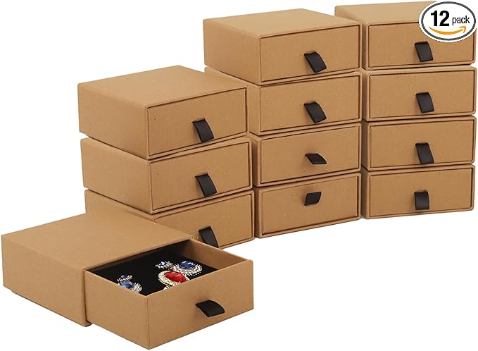 Nsmykhg Jewelry Gift Box Velvet-Lined,12 Pack Compact Drawer Style for Earrings & Rings, Necklace & Bracelet Organizer, 3.93x3.93x1.65 Inches, Stackable Elegant Jewelry Display & Storage Box (Kraft)
