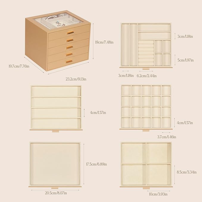 Jewelry Box with Glass Lid, 5-Layer Jewelry Organizer for Women Girls, PU Leather Display Case with 20-Grid Earring Tray & Movable Dividers for Necklaces Rings,Camel