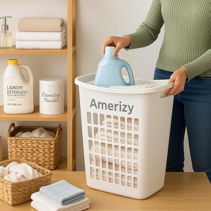 Large White Plastic Laundry Hamper – Rectangular Open Top Clothes Basket with Ventilation, Lightweight Durable Bin for Bedroom, Bathroom, Closet or Dorm Use 2 pack