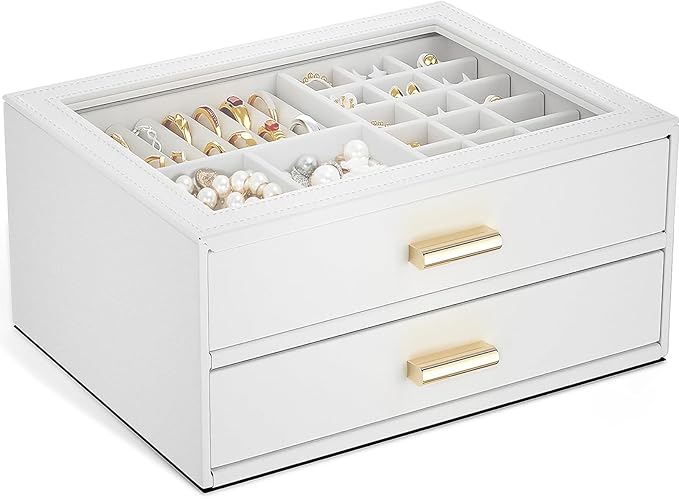 AKOZLIN Jewelry Box with Clear Lid Functional Leather Jewelry Storage Organizer Case 2 Drawers for Women Girls Necklace Ring Bracelet Earring