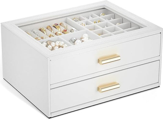 AKOZLIN Jewelry Box with Clear Lid Functional Leather Jewelry Storage Organizer Case 2 Drawers for Women Girls Necklace Ring Bracelet Earring