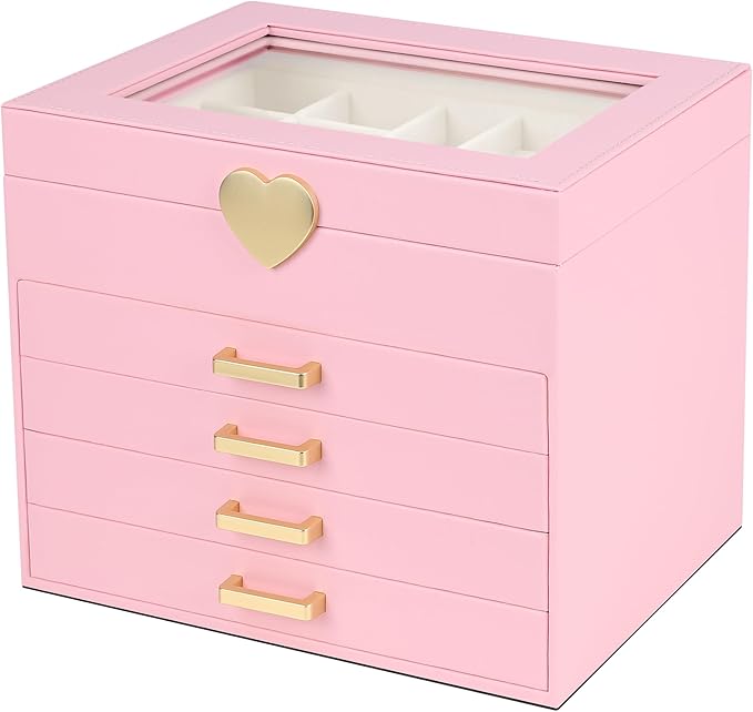 Kendal Jewelry Box, 5-Layer Jewelry Organizer Box with Glass Lid, Pink, Heart Shaped PU Leather, Storage Box for Necklace Earrings Rings Bracelets, Gift Idea for Girls LJC4DRPK