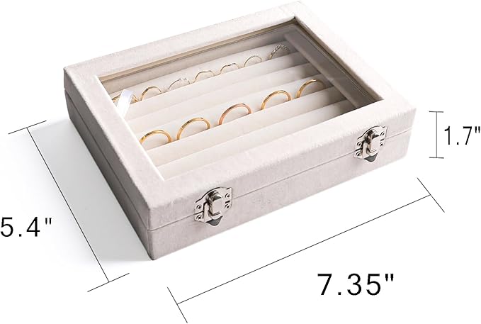 Frebeauty Rings/Earring Organizer Tray with Clear Lid,7 Slots Ring Box Velvet Ring Holder Drawer Insert Jewelry Storage Box Jewelry Display Case Jewelry Box Gift for Women and Girls(Beige,7 Slots)