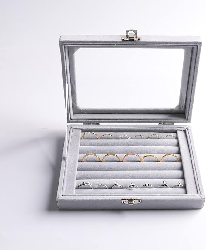 Frebeauty Rings/Earring Organizer Tray with Clear Lid,7 Slots Ring Box Velvet Ring Holder Drawer Insert Jewelry Storage Box Jewelry Display Case Jewelry Box Gift for Women and Girls(Grey,7 Slots)