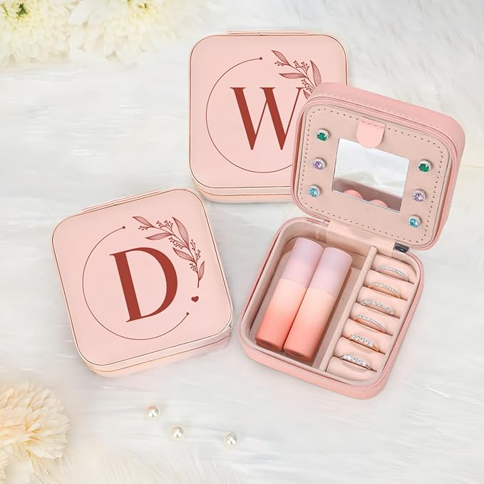 SANDJEST Personalized Jewelry Box, Pink Small Travel Jewelry Box with Initial D, Monogrammed Jewelry Case Organizer for Girls Women Teen, Mini Travel Essentials Gifts for Christmas Birthday