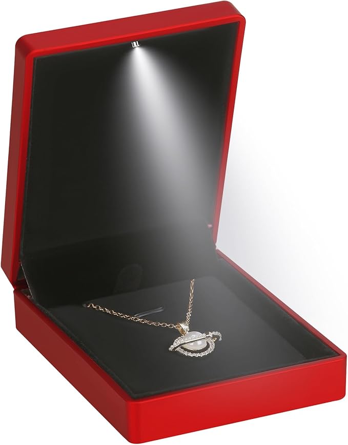 LED Light Pendant Necklace Gift Box, Velvet Jewelry Storage Display Case for Proposal Engagement Wedding Anniversary Birthday Valentine's Day (Red)