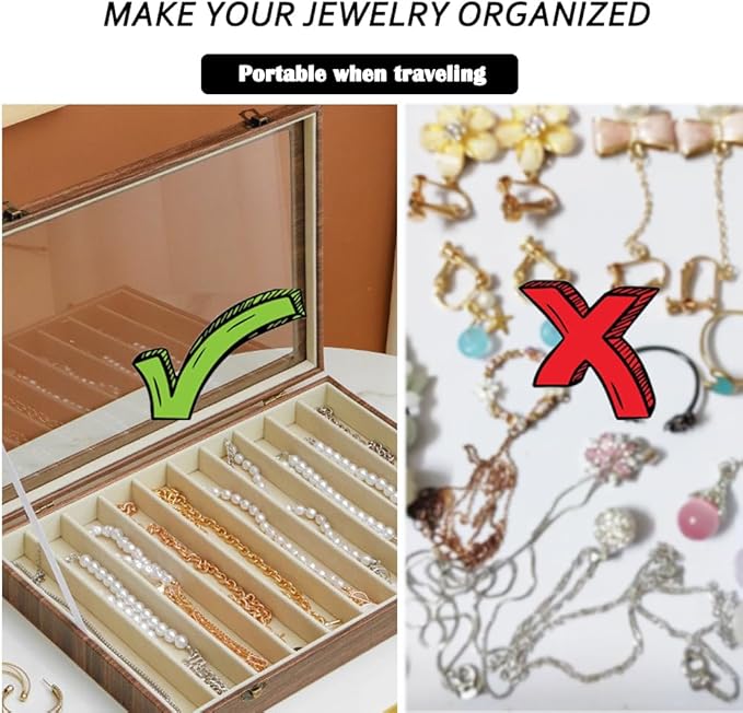 Glass Lid Necklace Organizer Box Transparent Necklace Holder Organizer Velvet Necklace Display Box Clear Lid Jewelry Storage Stackable Necklace Display Case for Women Girls (Style C)