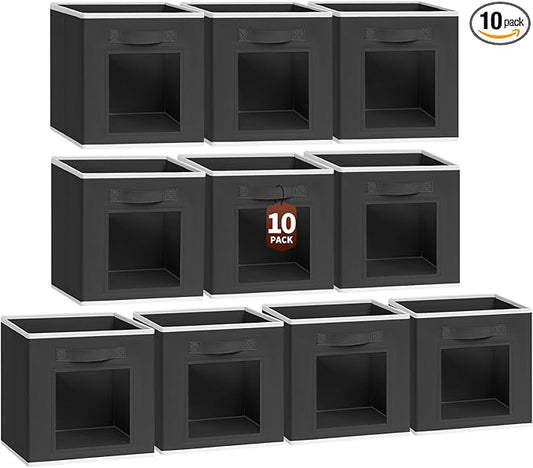 Homsorout Foldable Storage Cubes - Cubby Storage Organizer with Window, Decorative Baskets for Organizing, 11 Inch Fabric Cube Shelf Bins, Set of 10, Black