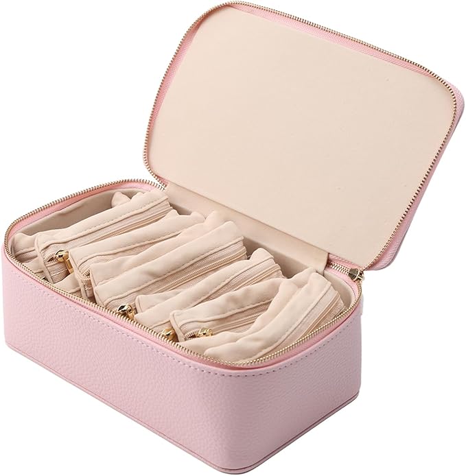 NCONCO Travel Jewelry Box, Portable PU Leather Travel Jewelry Organizer with 12pcs Velvet Bags Compact & Lightweight Travel Jewelry Case for Necklaces Rings Earrings Sorting Storage