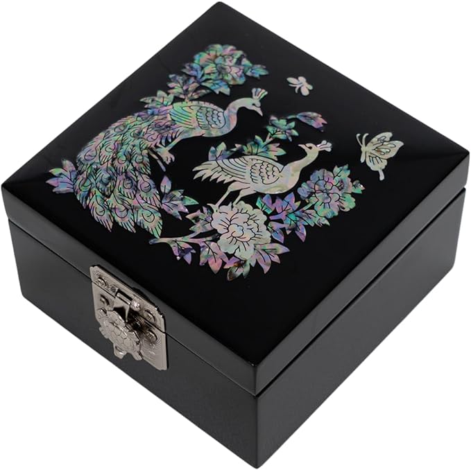 February Mountain Mother of Pearl Mini Jewelry Box - Organizer for Earring Necklace Ring & Bracelet Jewelry Display Storage Case for Woman Unique Gifts (Peacock-Black)
