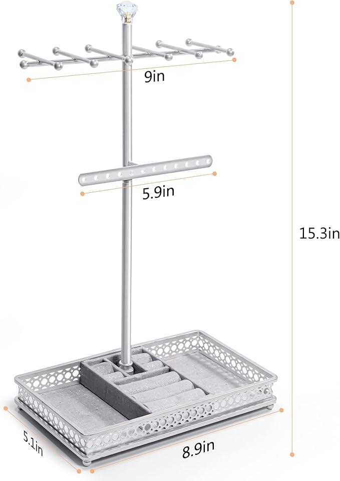 Meangood Jewelry Organizer Stand, 15.6" H Jewelry Tree Display Holder Stand for Bracelets Necklaces Earrings Rings, Gift for Women Girls (Silver)
